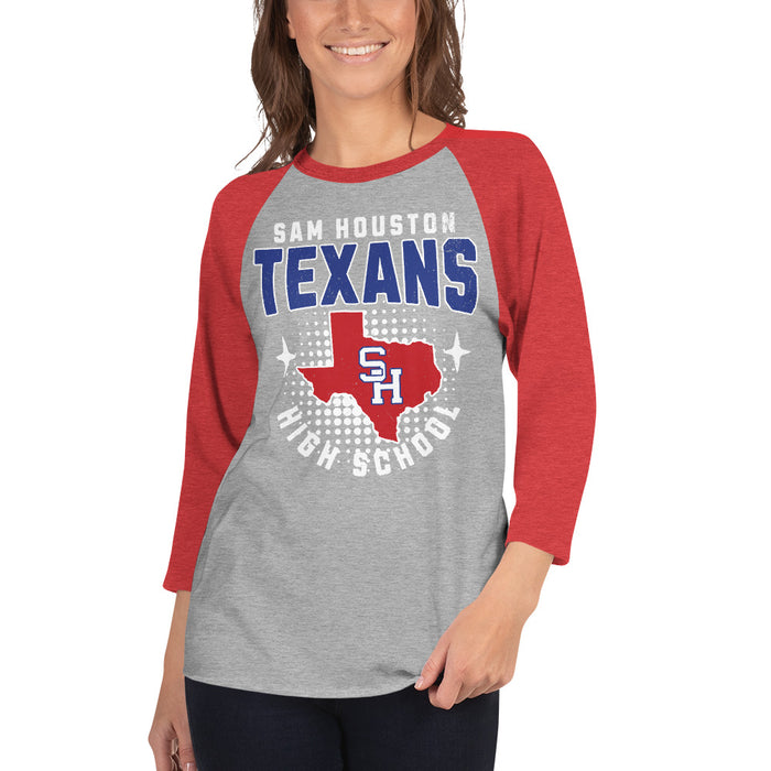 Woman wearing Sam Houston High School Texans Unisex 3/4 sleeve Raglan T-shirt 204