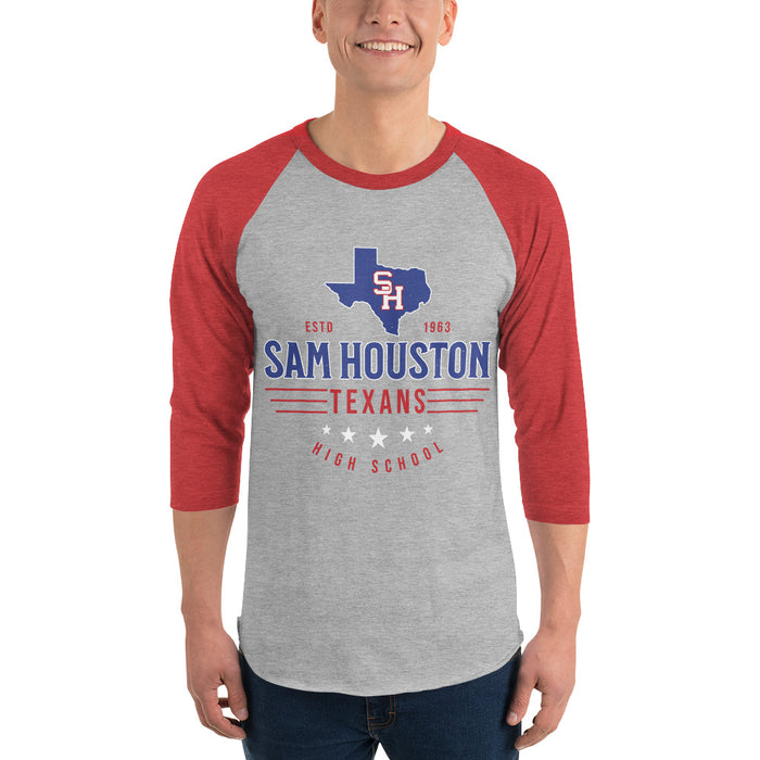 Man wearing Sam Houston High School Texans Unisex 3/4 sleeve Raglan T-shirt 217