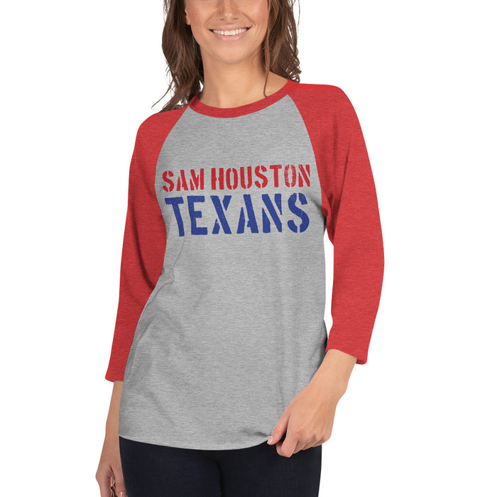 Woman wearing Sam Houston High School Texans Unisex 3/4 sleeve Raglan T-shirt 017