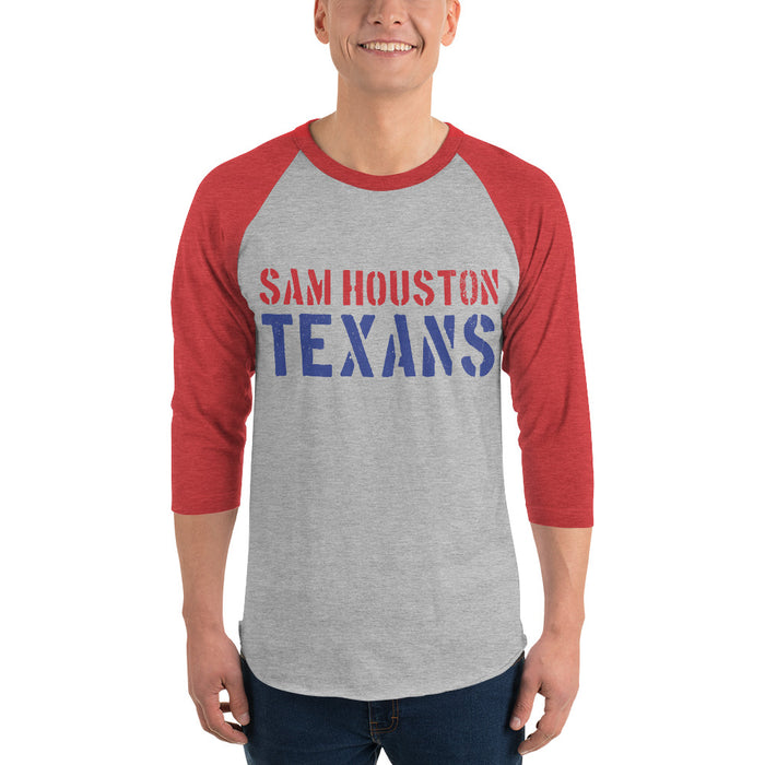 Man wearing Sam Houston High School Texans Unisex 3/4 sleeve Raglan T-shirt 017