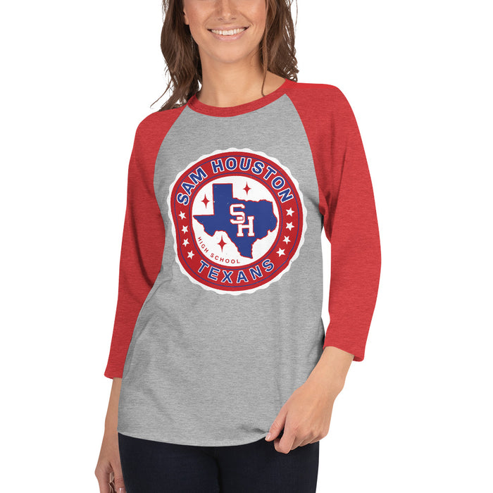 Woman wearing Sam Houston High School Texans Unisex 3/4 sleeve Raglan T-shirt 216