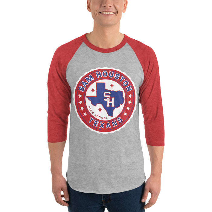 Man wearing Sam Houston High School Texans Unisex 3/4 sleeve Raglan T-shirt 216