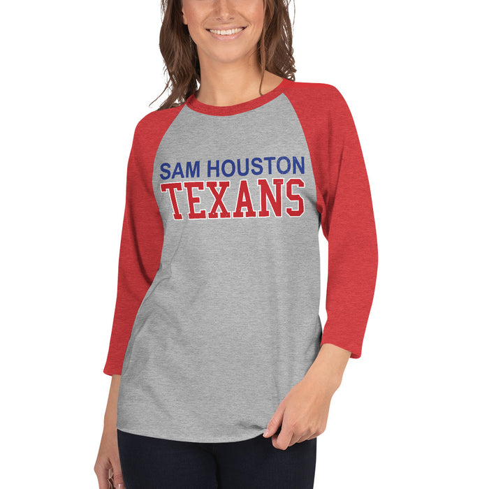 Woman wearing Sam Houston High School Texans Unisex 3/4 sleeve Raglan T-shirt 010