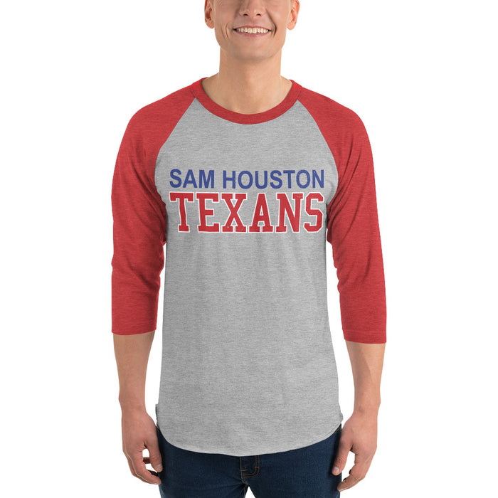 Man wearing Sam Houston High School Texans Unisex 3/4 sleeve Raglan T-shirt 010