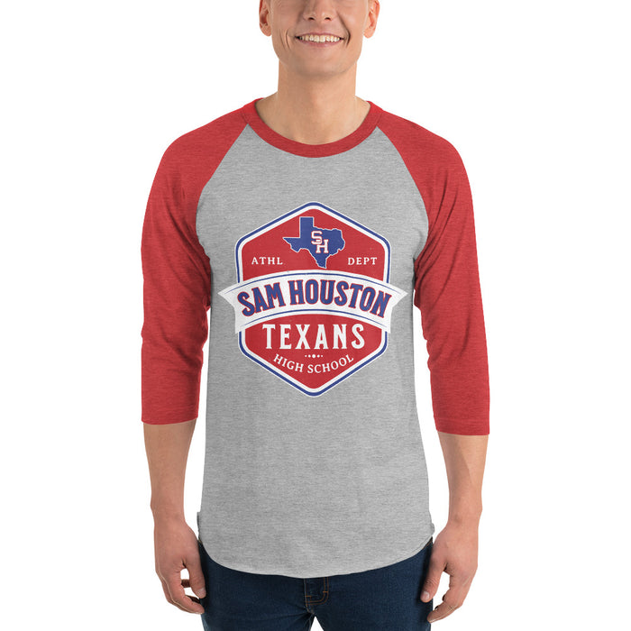 Man wearing Sam Houston High School Texans Unisex 3/4 sleeve Raglan T-shirt 209