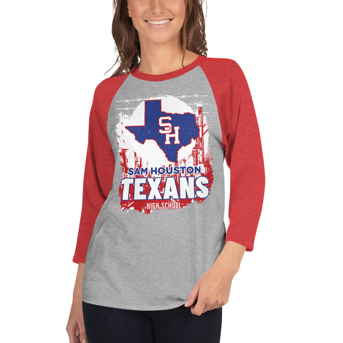 Woman wearing Sam Houston High School Texans Unisex 3/4 sleeve Raglan T-shirt 202