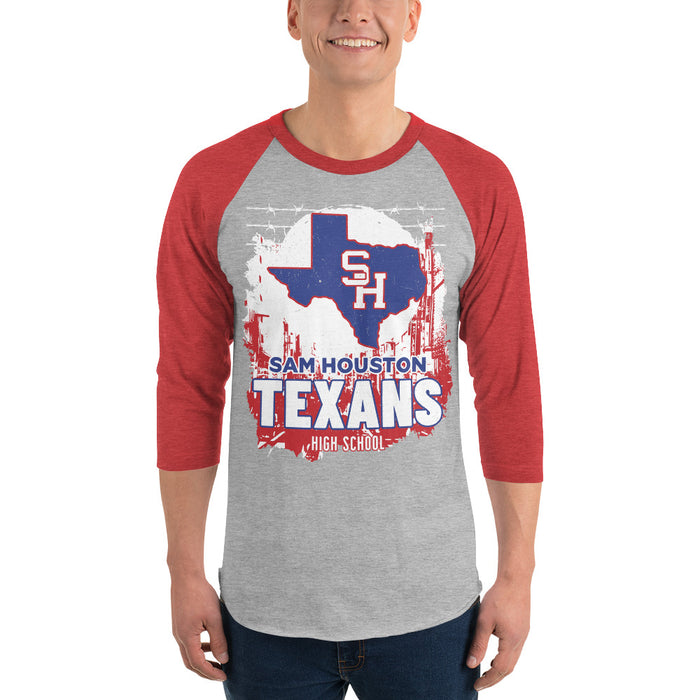 Man wearing Sam Houston High School Texans Unisex 3/4 sleeve Raglan T-shirt 202