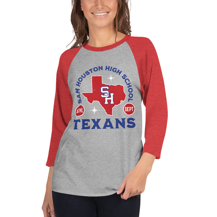 Woman wearing Sam Houston High School Texans Unisex 3/4 sleeve Raglan T-shirt 208