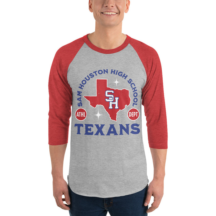 Man wearing Sam Houston High School Texans Unisex 3/4 sleeve Raglan T-shirt 208