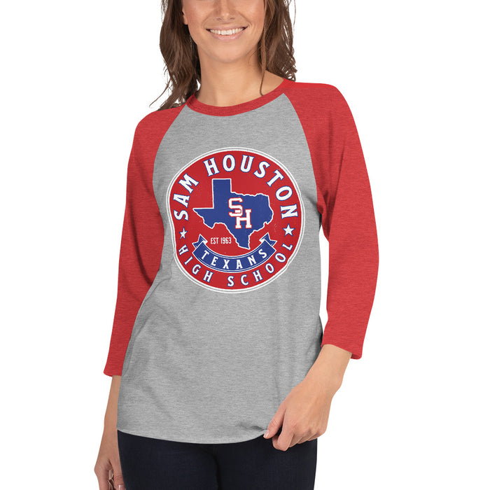 Woman wearing Sam Houston High School Texans Unisex 3/4 sleeve Raglan T-shirt 215