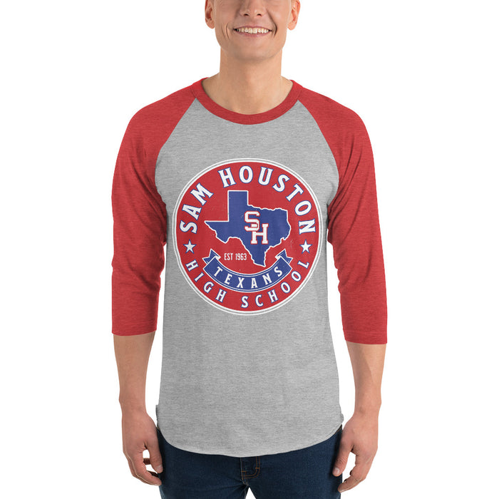 Man wearing Sam Houston High School Texans Unisex 3/4 sleeve Raglan T-shirt 215