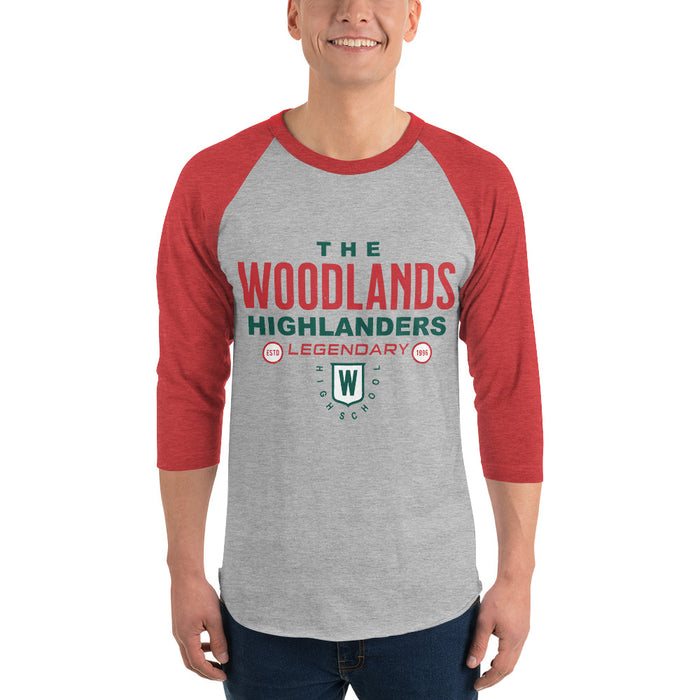 Man wearing The Woodlands High School Highlanders Unisex 3/4 sleeve Raglan T-shirt 003