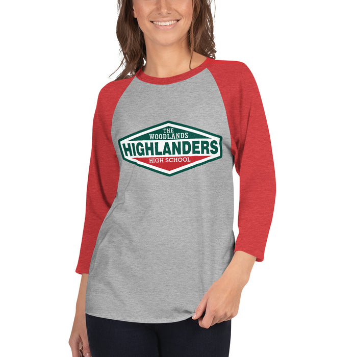 Woman wearing The Woodlands High School Highlanders Unisex 3/4 sleeve Raglan T-shirt 009