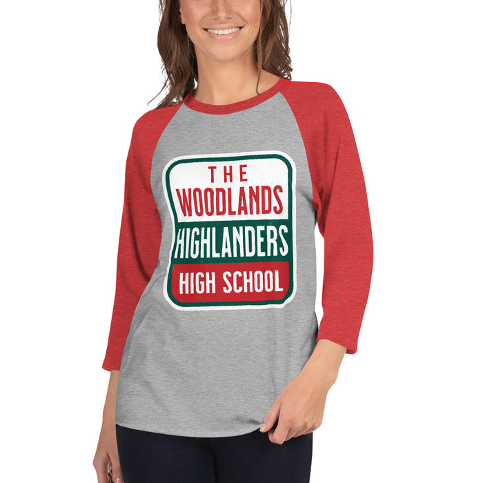 Woman wearing The Woodlands High School Highlanders Unisex 3/4 sleeve Raglan T-shirt 001