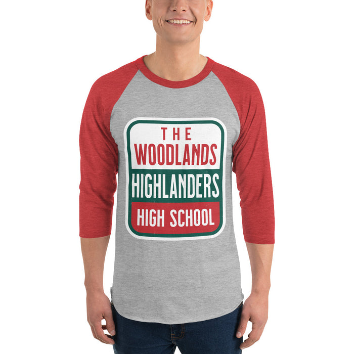 Man wearing The Woodlands High School Highlanders Unisex 3/4 sleeve Raglan T-shirt 001