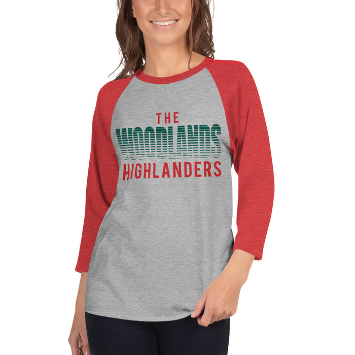 Woman wearing The Woodlands High School Highlanders Unisex 3/4 sleeve Raglan T-shirt 024