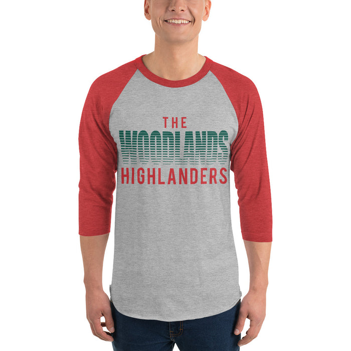 Man wearing The Woodlands High School Highlanders Unisex 3/4 sleeve Raglan T-shirt 024