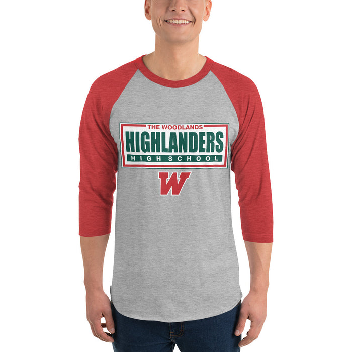 Man wearing The Woodlands High School Highlanders Unisex 3/4 sleeve Raglan T-shirt 049