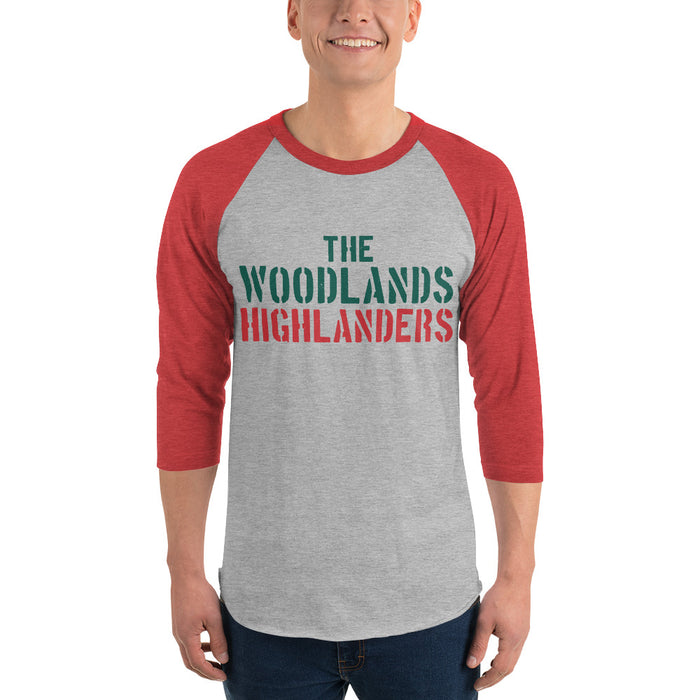 Man wearing The Woodlands High School Highlanders Unisex 3/4 sleeve Raglan T-shirt 017