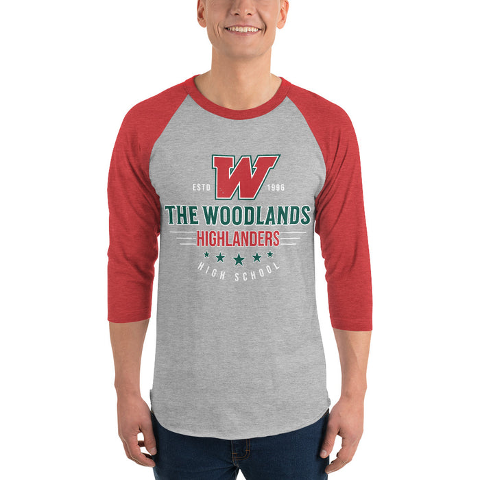 Man wearing The Woodlands High School Highlanders Unisex 3/4 sleeve Raglan T-shirt 216