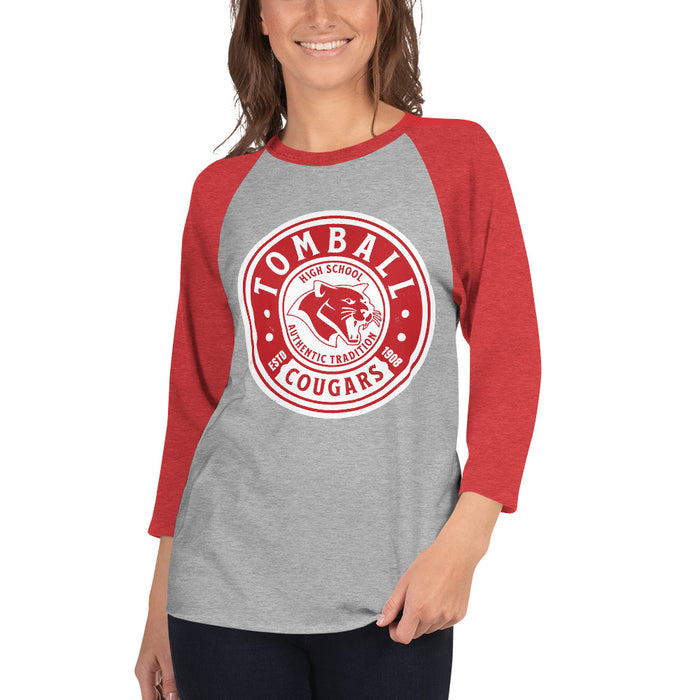 Woman wearing Tomball High School Cougars Unisex 3/4 sleeve Raglan T-shirt 220