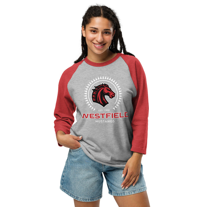 Woman wearing Westfield High School Mustangs Unisex 3/4 sleeve Raglan T-shirt 226