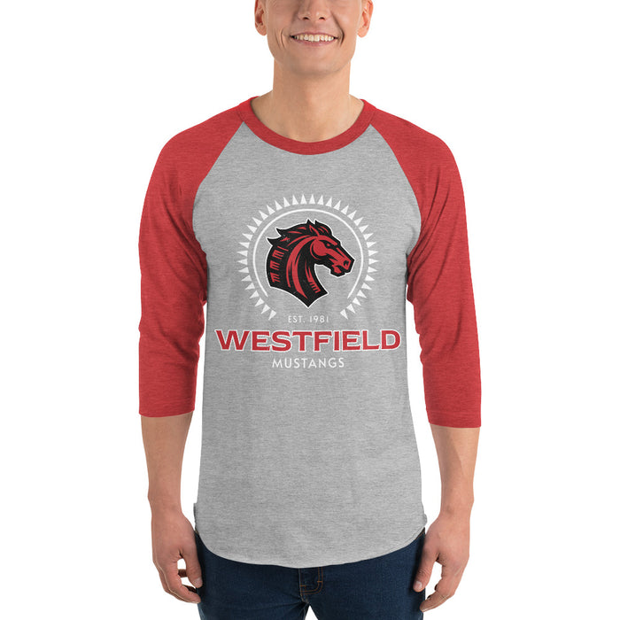 Man wearing Westfield High School Mustangs Unisex 3/4 sleeve Raglan T-shirt 226