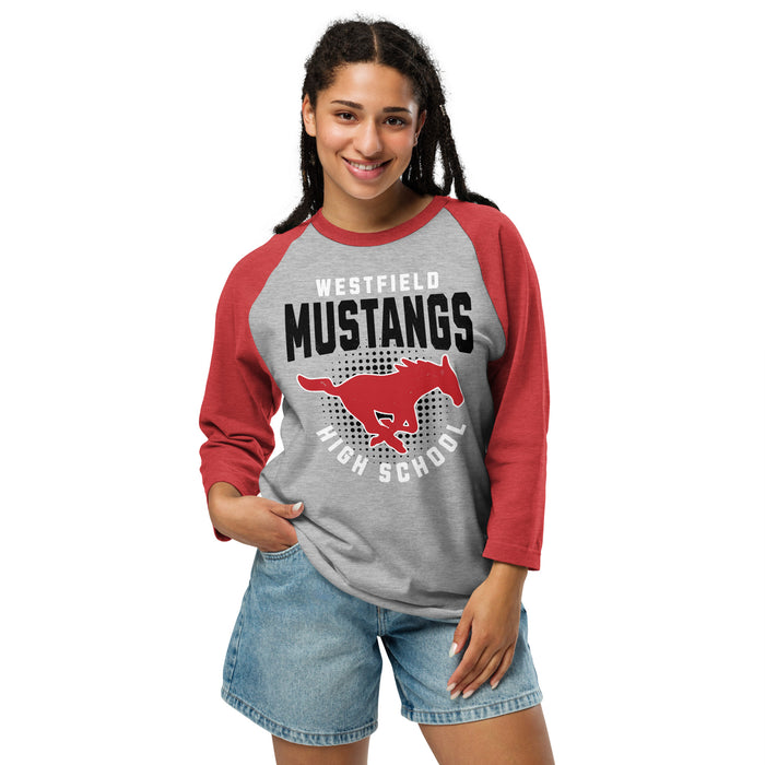 Woman wearing Westfield High School Mustangs Unisex 3/4 sleeve Raglan T-shirt 204