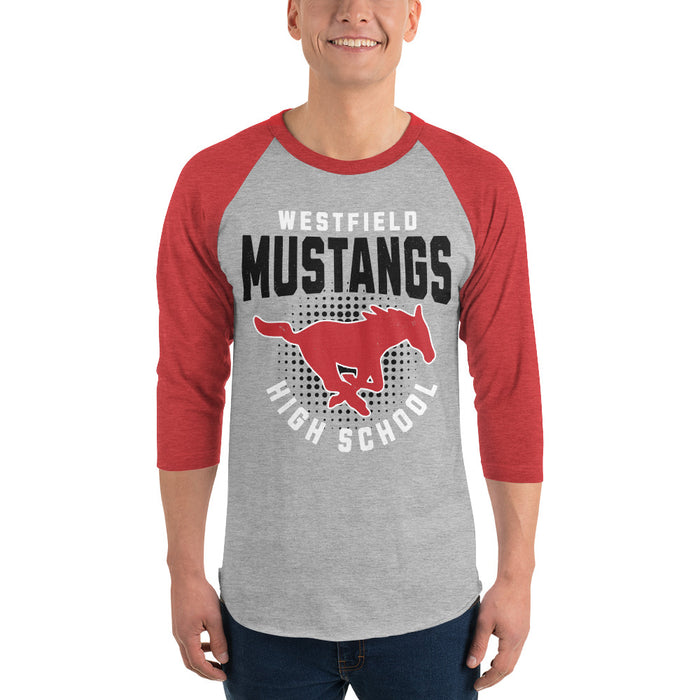 Man wearing Westfield High School Mustangs Unisex 3/4 sleeve Raglan T-shirt 204