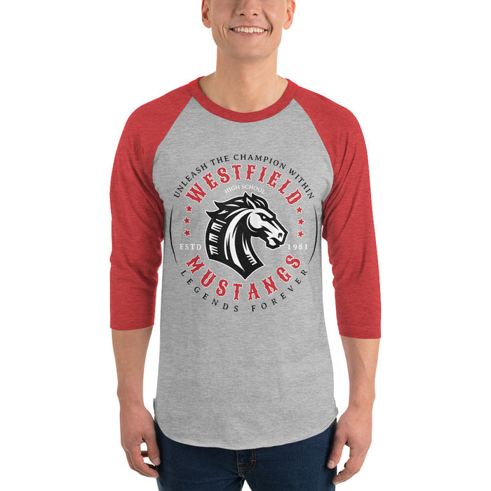 Man wearing Westfield High School Mustangs Unisex 3/4 sleeve Raglan T-shirt 214