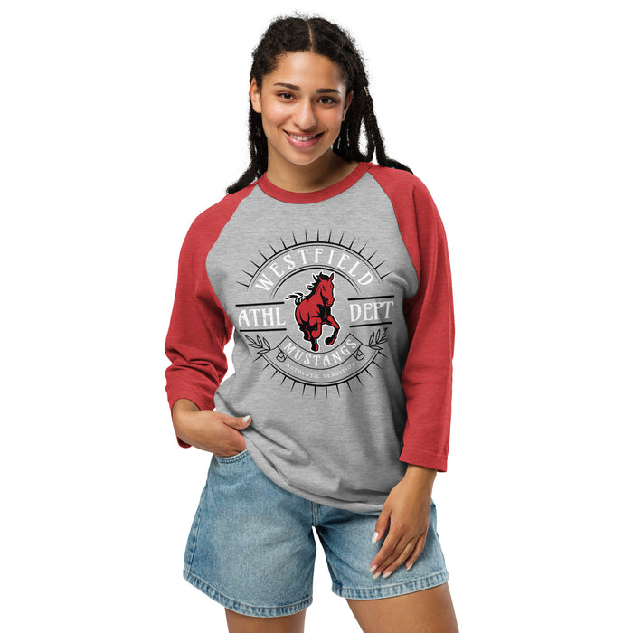 Woman wearing Westfield High School Mustangs Unisex 3/4 sleeve Raglan T-shirt 201