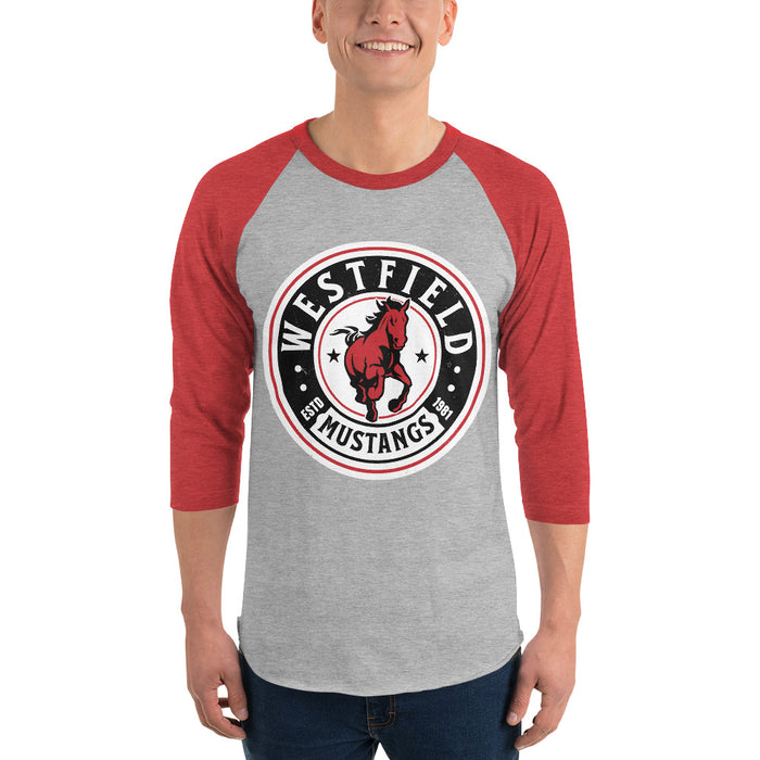 Man wearing Westfield High School Mustangs Unisex 3/4 sleeve Raglan T-shirt 220