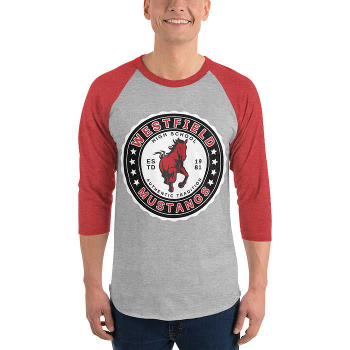 Man wearing Westfield High School Mustangs Unisex 3/4 sleeve Raglan T-shirt 216