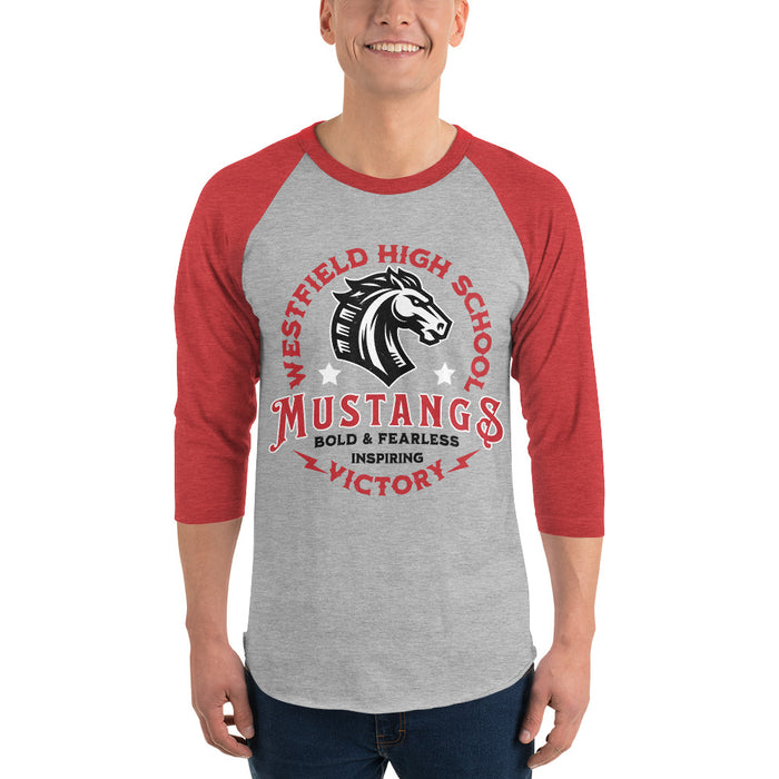 Man wearing Westfield High School Mustangs Unisex 3/4 sleeve Raglan T-shirt 206