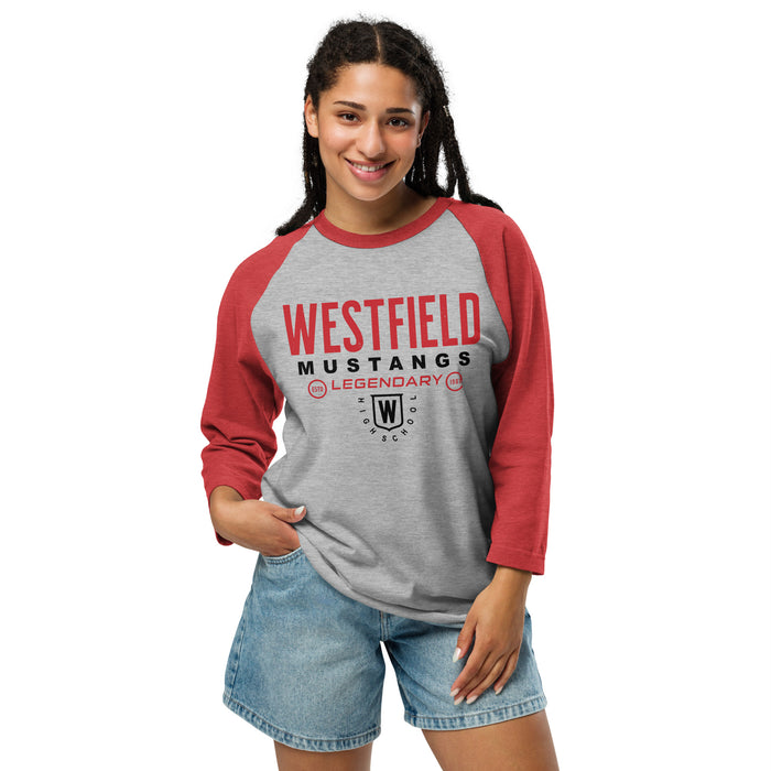 Woman earing Westfield High School Mustangs Unisex 3/4 sleeve Raglan T-shirt 003