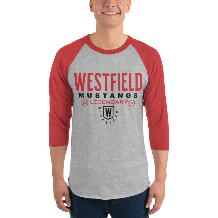 Man wearing Westfield High School Mustangs Unisex 3/4 sleeve Raglan T-shirt 003