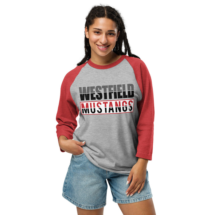 Woman wearing Westfield High School Mustangs Unisex 3/4 sleeve Raglan T-shirt 031