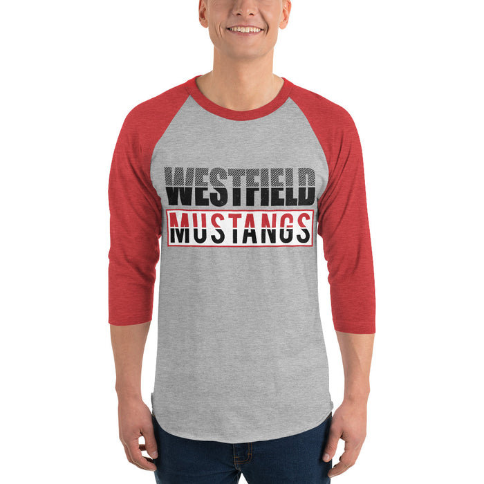 Man wearing Westfield High School Mustangs Unisex 3/4 sleeve Raglan T-shirt 031