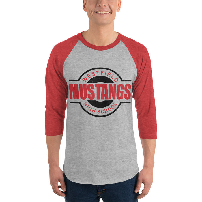 Man wearing Westfield High School Mustangs Unisex 3/4 sleeve Raglan T-shirt 011