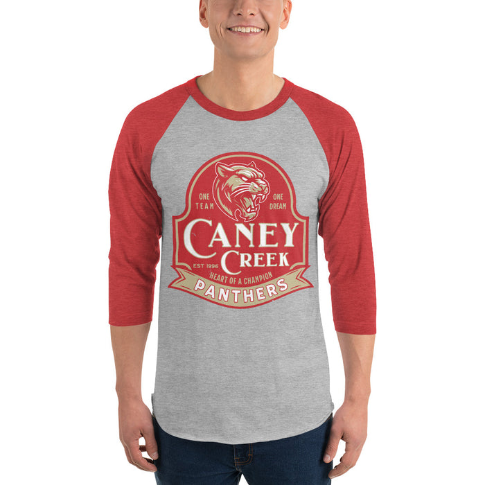 Man wearing Caney Creek High School Panthers Unisex 3/4 sleeve Raglan T-shirt 219