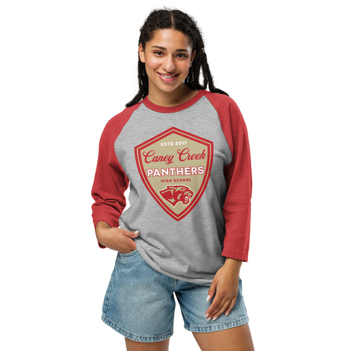 Woman wearing Caney Creek High School Panthers Unisex 3/4 sleeve Raglan T-shirt 225