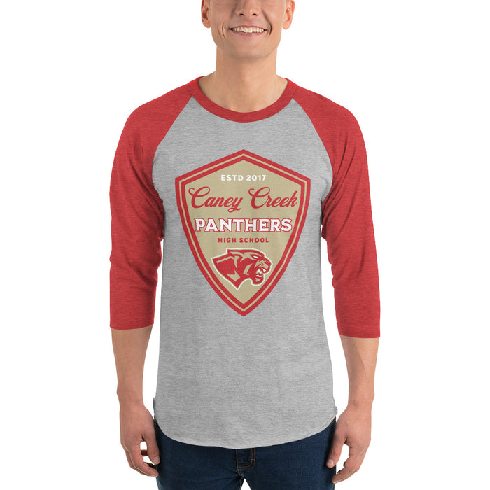 Man wearing Caney Creek High School Panthers Unisex 3/4 sleeve Raglan T-shirt 225