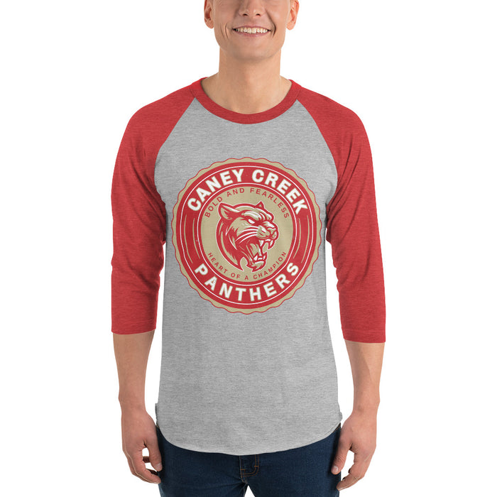 Man wearing Caney Creek High School Panthers Unisex 3/4 sleeve Raglan T-shirt 216