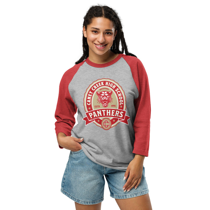 Woman wearing Caney Creek High School Panthers Unisex 3/4 sleeve Raglan T-shirt 212