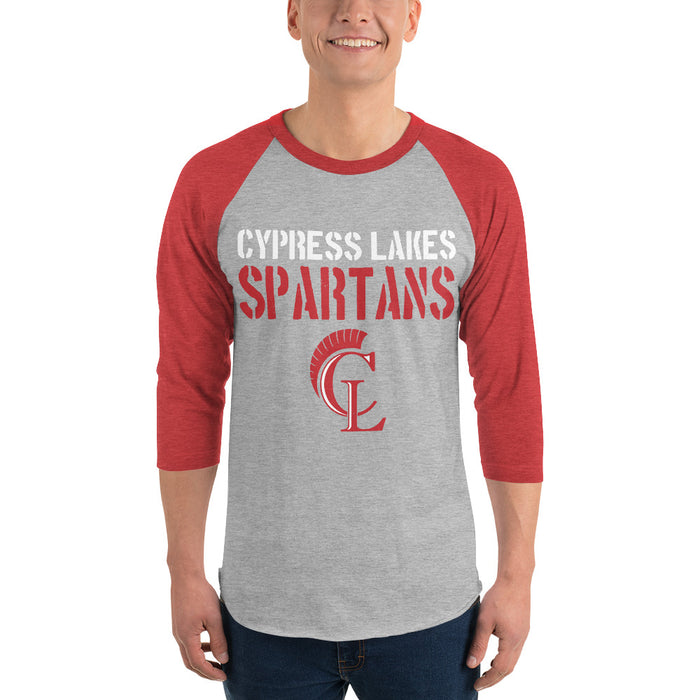Man wearing Cypress Lakes High School Spartans Unisex 3/4 sleeve Raglan T-shirt 017