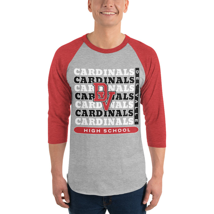 Man wearing Del Valle High School Cardinals Unisex 3/4 sleeve Raglan T-shirt 235