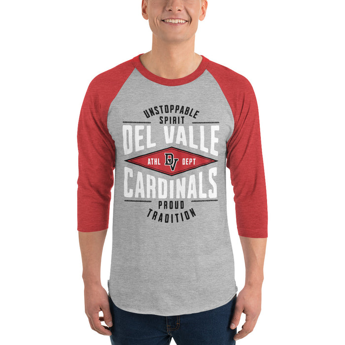 Man wearing Del Valle High School Cardinals Unisex 3/4 sleeve Raglan T-shirt 210