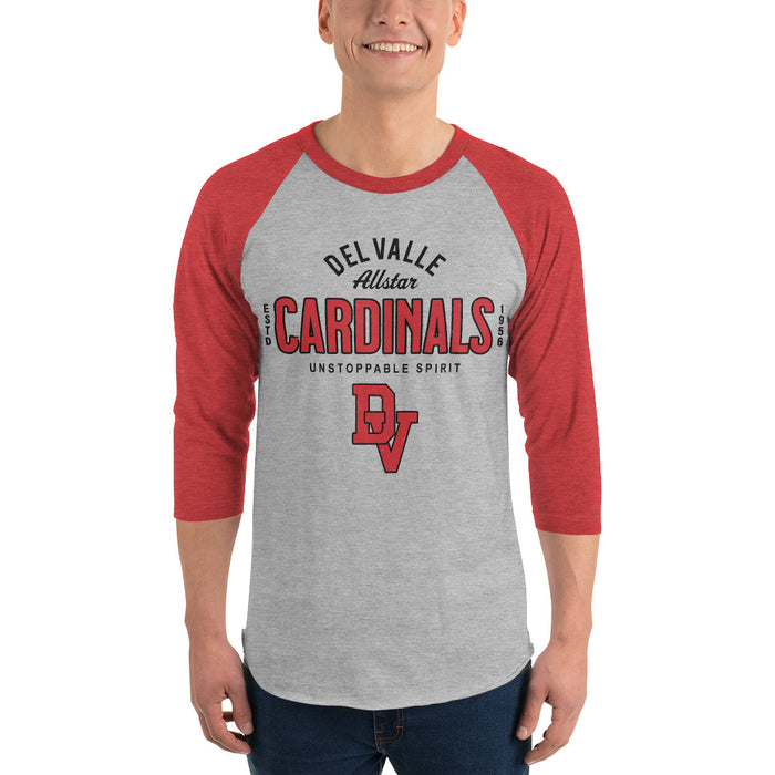 Man wearing Del Valle High School Cardinals Unisex 3/4 sleeve Raglan T-shirt 040