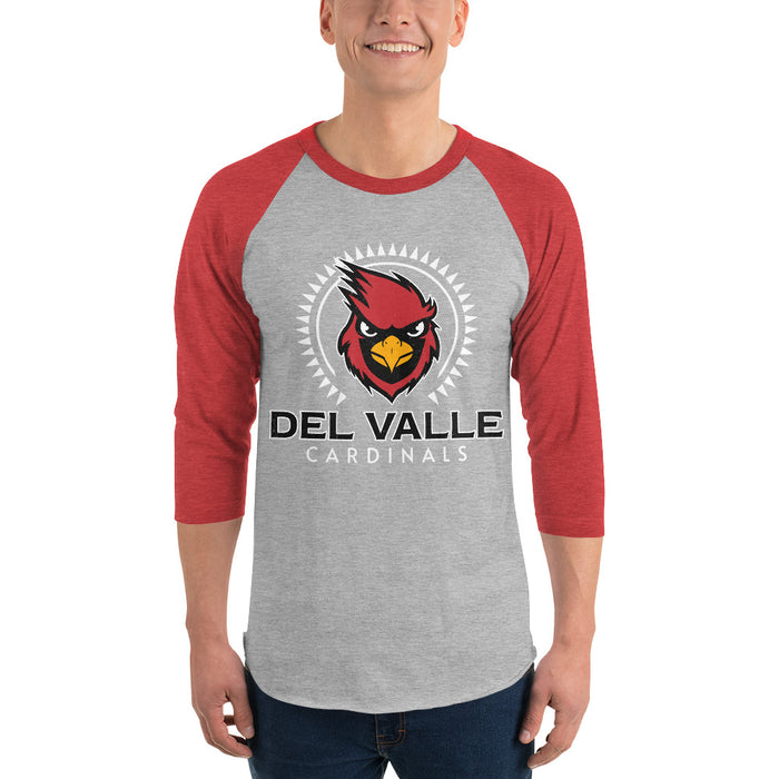Man wearing Del Valle High School Cardinals Unisex 3/4 sleeve Raglan T-shirt 226