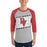 Man wearing Del Valle High School Cardinals Unisex 3/4 sleeve Raglan T-shirt 223